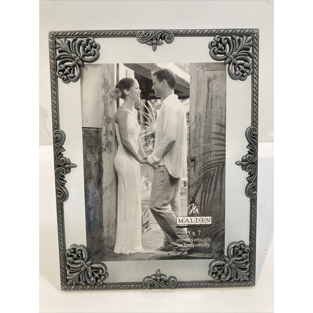 Malden International 5x7 Silver Picture Frame Ornate Design Glass Hrzntl/Vert